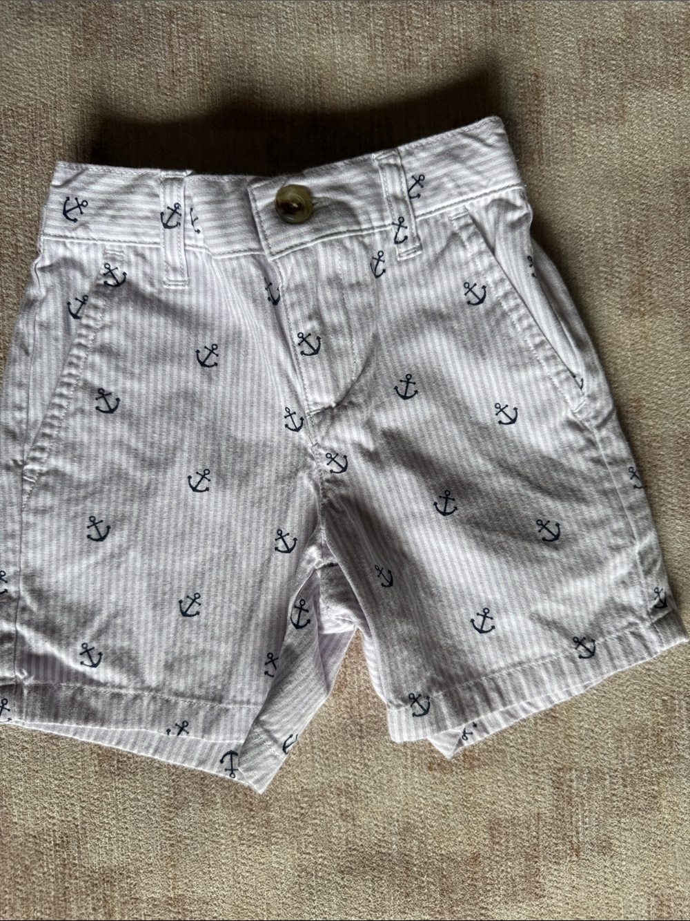Janie and Jack Boys Navy Anchor Print Purple and White Striped Shorts size 3-6M